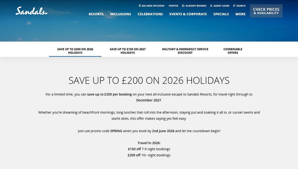 Sandals website showing the Spring Sale with up to £200 off 2026 holidays
