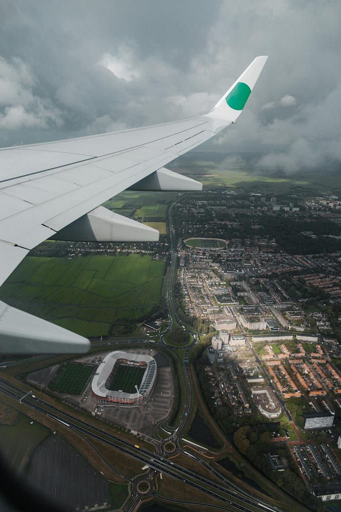 City skyline viewed from a plane window