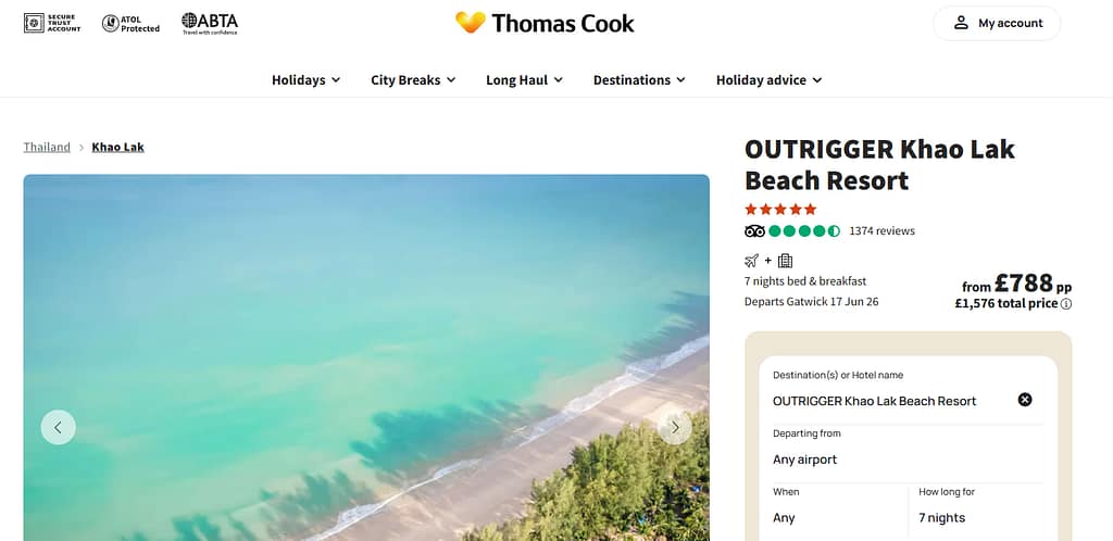 Screenshot showing Thomas Cook Thailand beach holiday from £788 per person