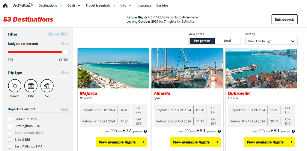 Screenshot showing Jet2 flight sale with European routes from around £77 return