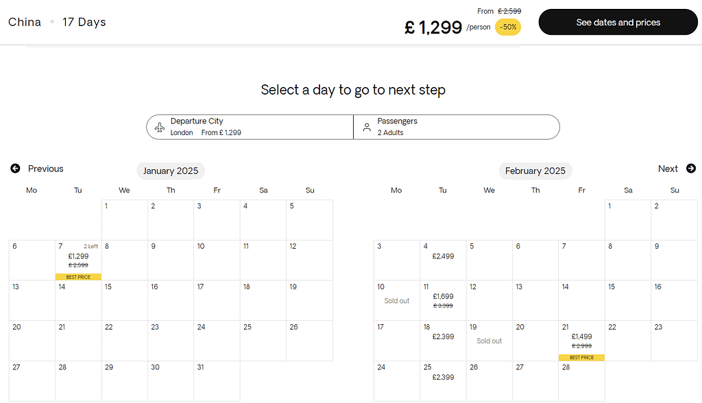 Screenshot showing 50% off two-week China tour deal
