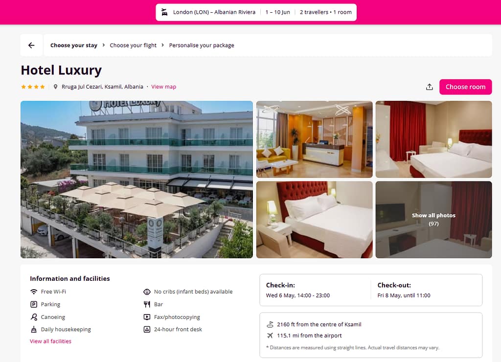 Screenshot showing Albania 9-night holiday from £347 per person including flights