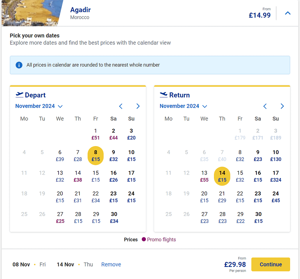 Screenshot showing Ryanair flash sale fares to Morocco and Europe