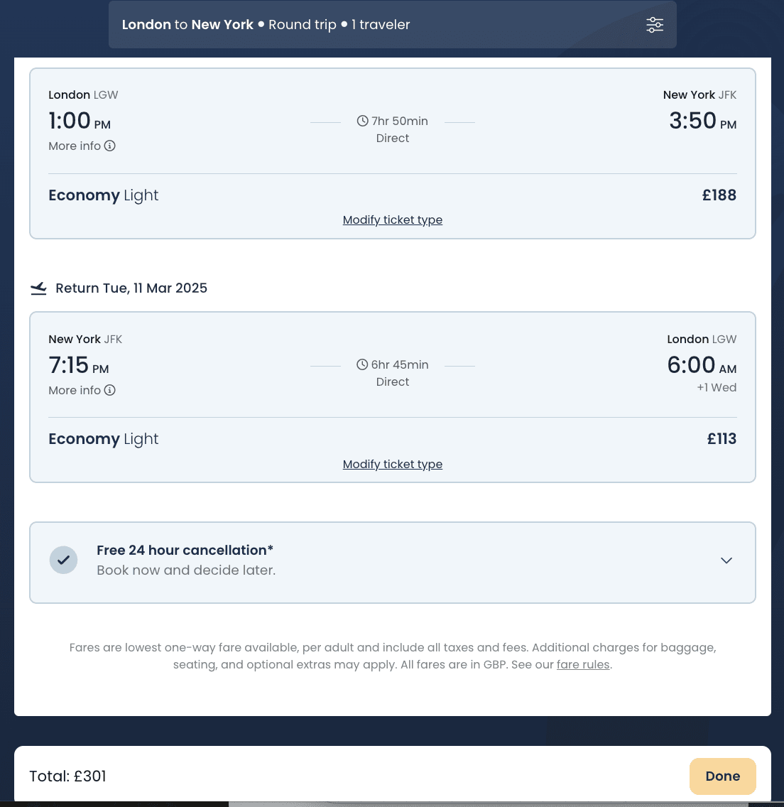Screenshot showing Norse Atlantic return flights to New York from £301