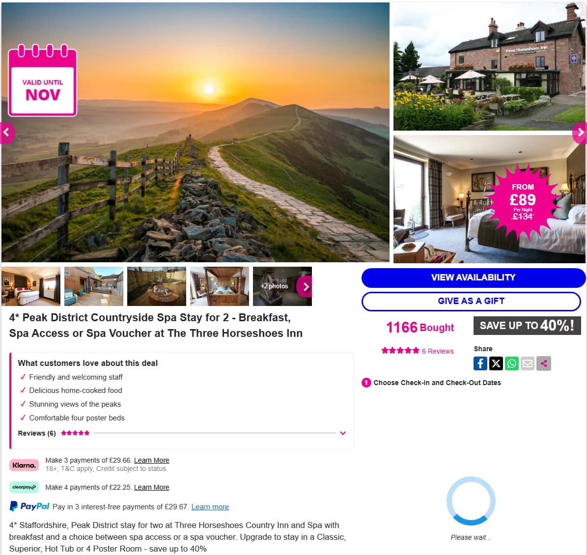 Wowcher deal page for the Three Horseshoes Country Inn and Spa Peak District stay