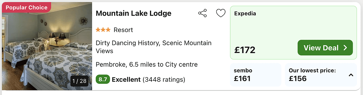 Screenshot showing Dirty Dancing hotel deal from £156 per night