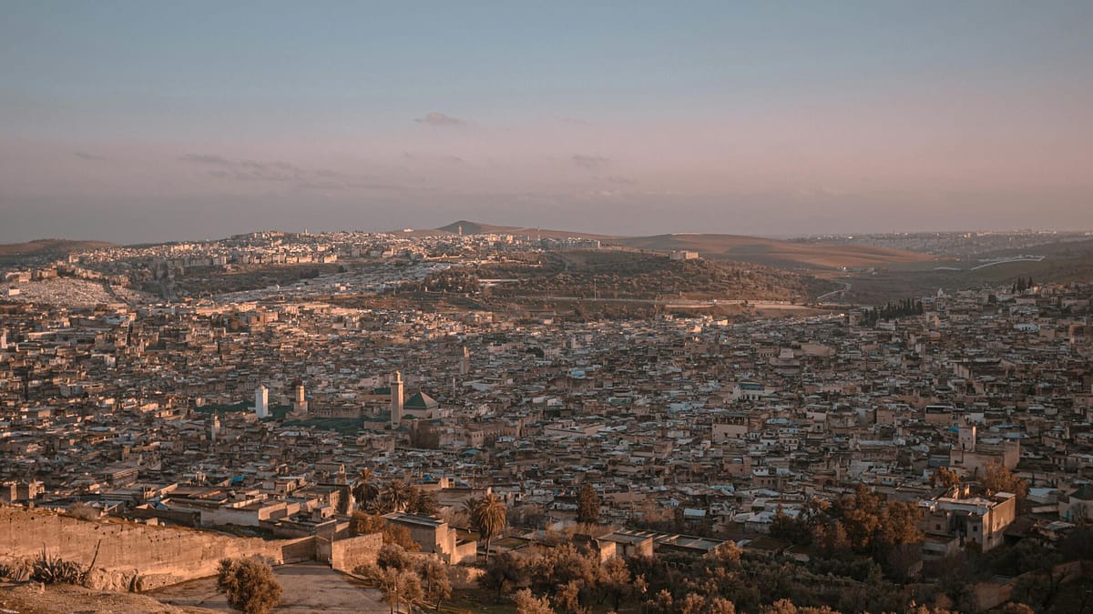 Aerial cityscape of Fez, Morocco at sunset