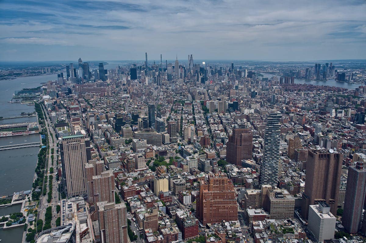 Aerial panoramic view of Manhattan skyline with the Hudson River