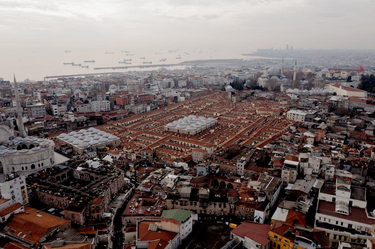 Aerial view of the historic domed roof of the Grand Bazaar in Istanbul, Turkey