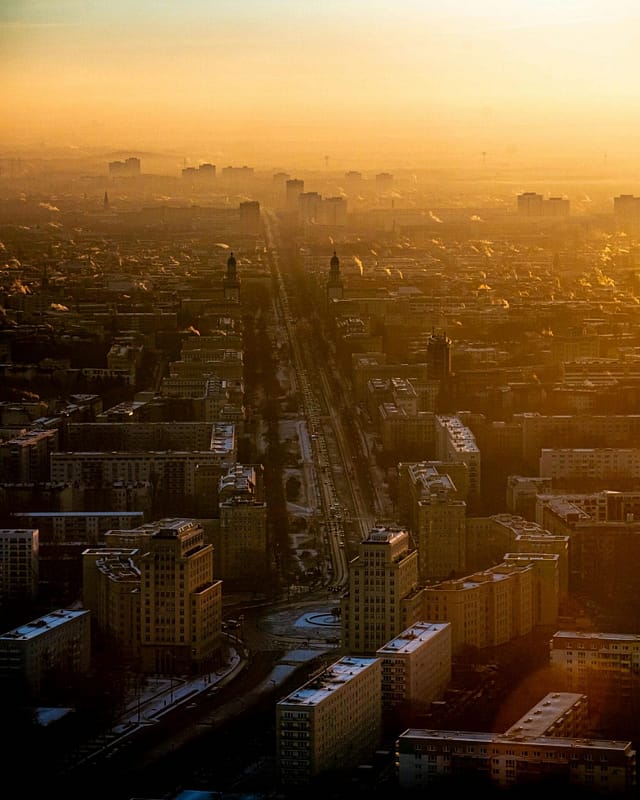 Aerial view of Berlin at sunrise showing the city skyline and TV Tower