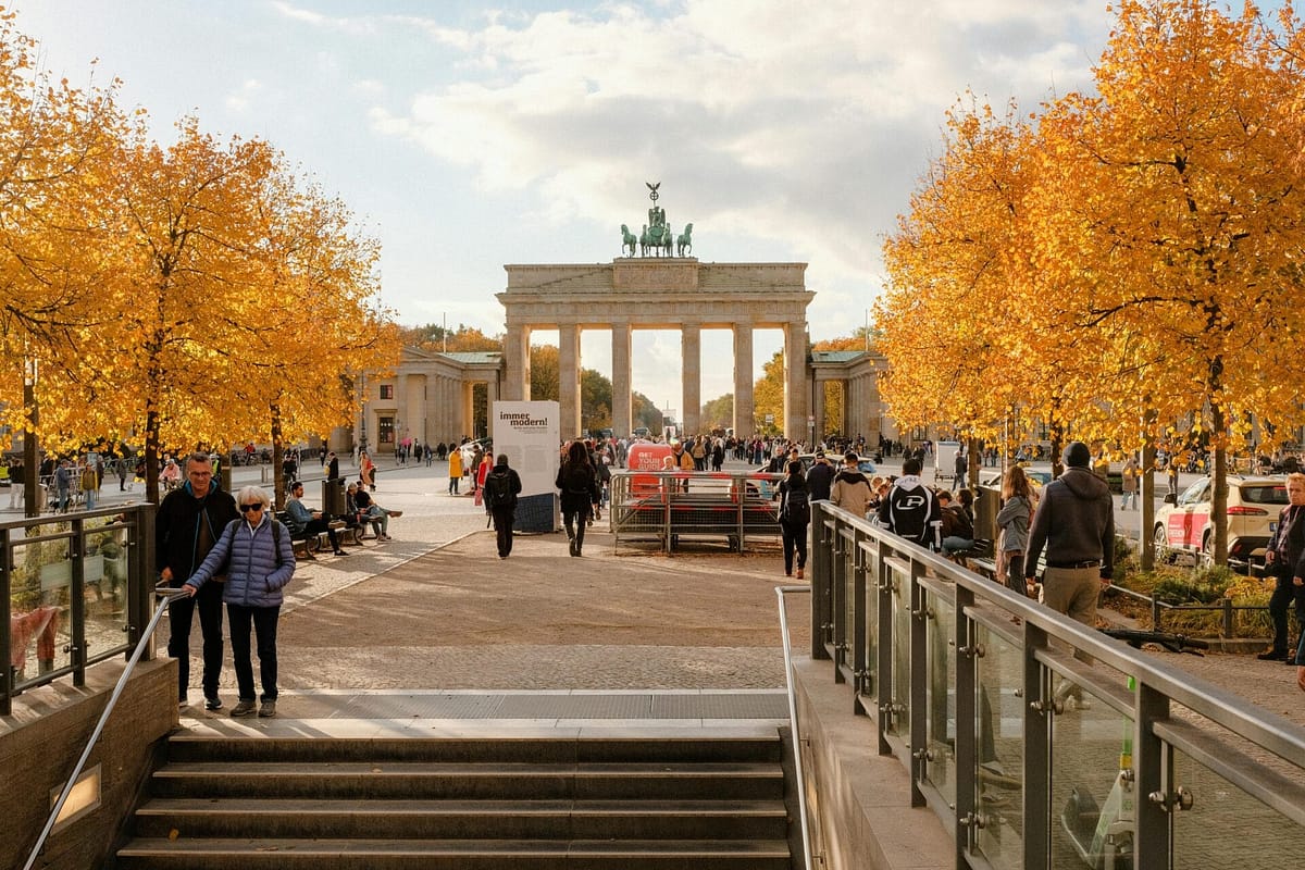 Crowds at the Brandenburg Gate in autumn, Berlin