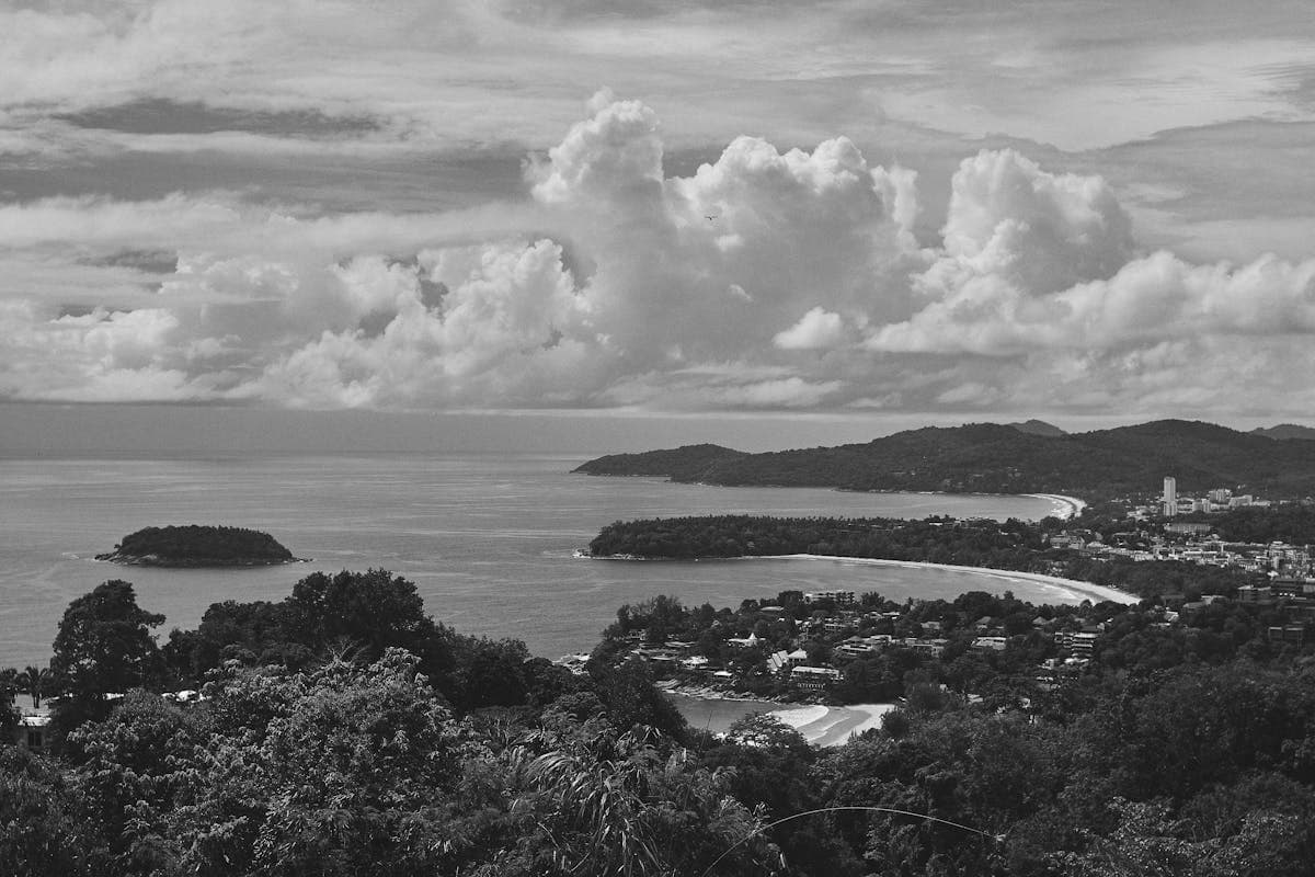 Aerial view of the turquoise coastline and beaches of Phuket, Thailand