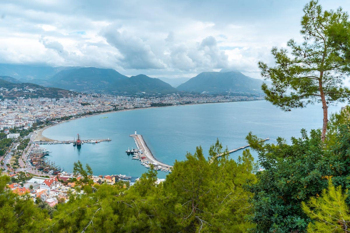 Aerial view of the Antalya coastline with turquoise sea and limestone cliffs, Turkey