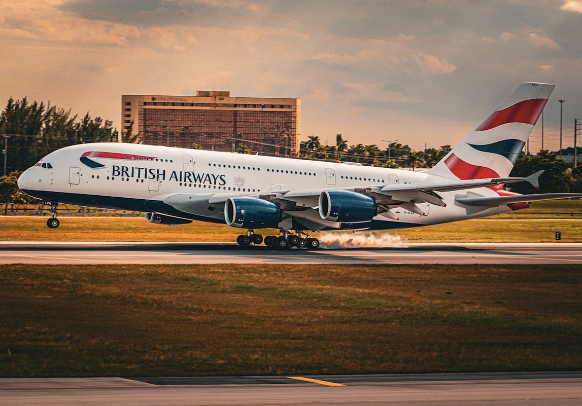 British Airways Airbus A380 landing at sunset