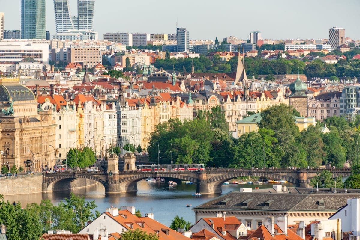 Aerial view of Charles Bridge and Prague city centre