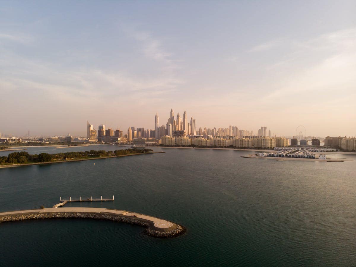 Aerial view of Dubai city and waterfront canals