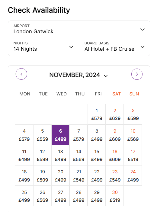 Screenshot showing two-week Egypt holiday package from £499 per person