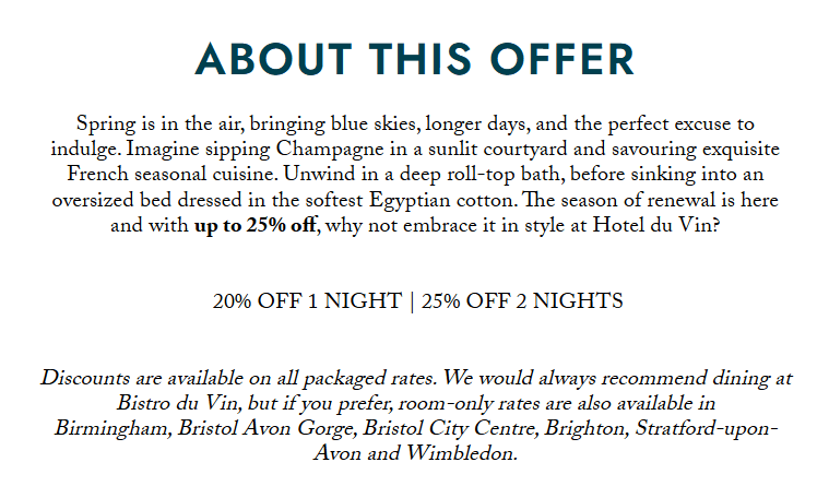 Hotel du Vin Spring sale listing showing rooms from £71
