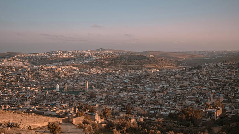 Aerial cityscape of Fez, Morocco at sunset