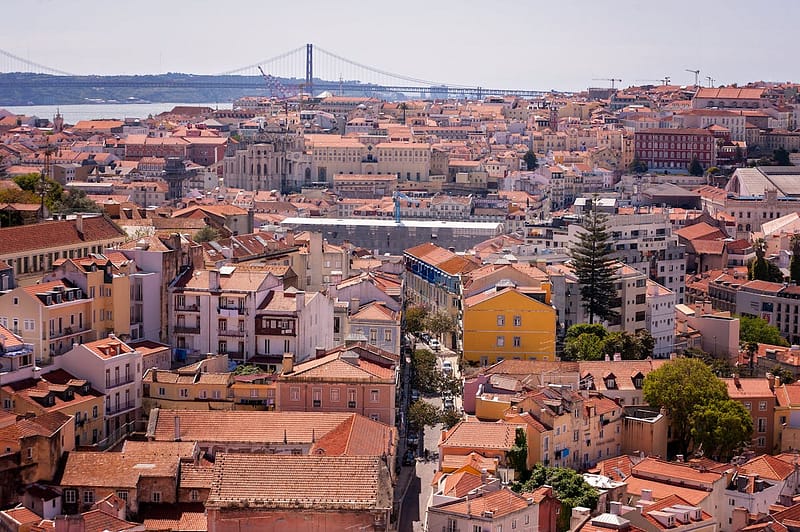 Aerial view of Lisbon with the River Tagus in the background, Portugal