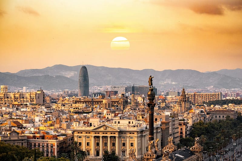 Aerial view of Barcelona city skyline looking towards the sea