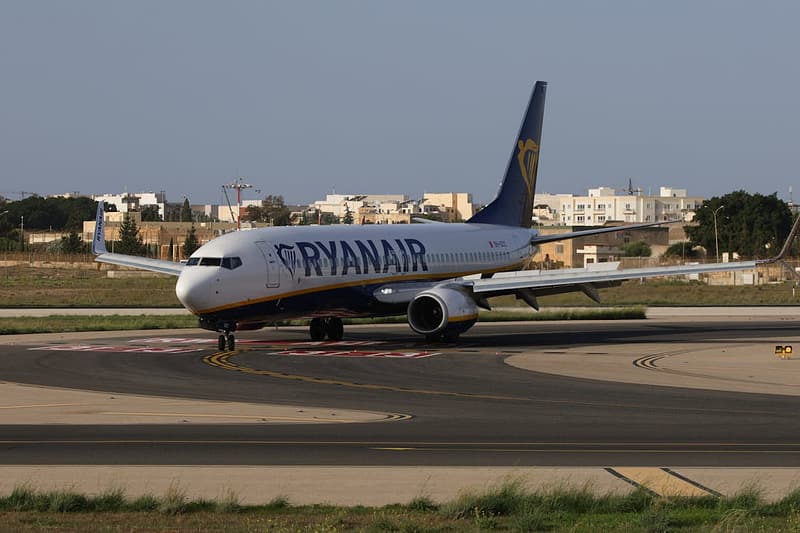 Ryanair Boeing 737 taxiing on runway at Malta airport on a sunny day