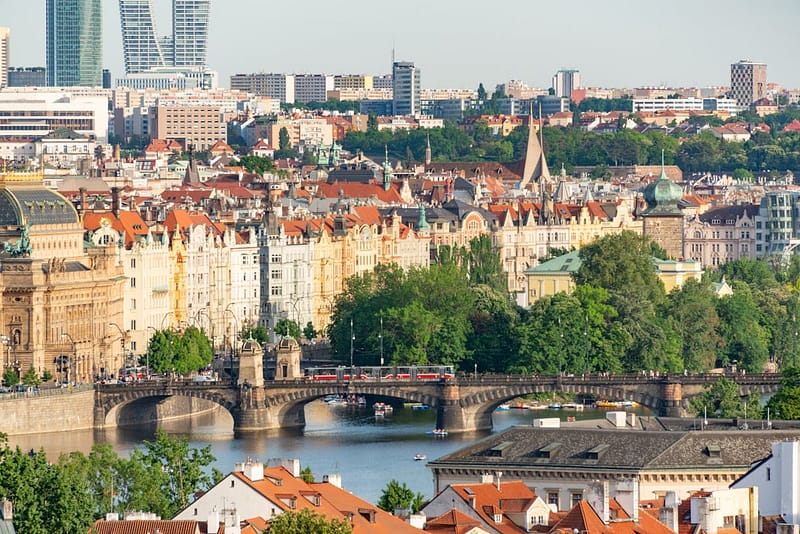 Aerial view of Charles Bridge and Prague city centre