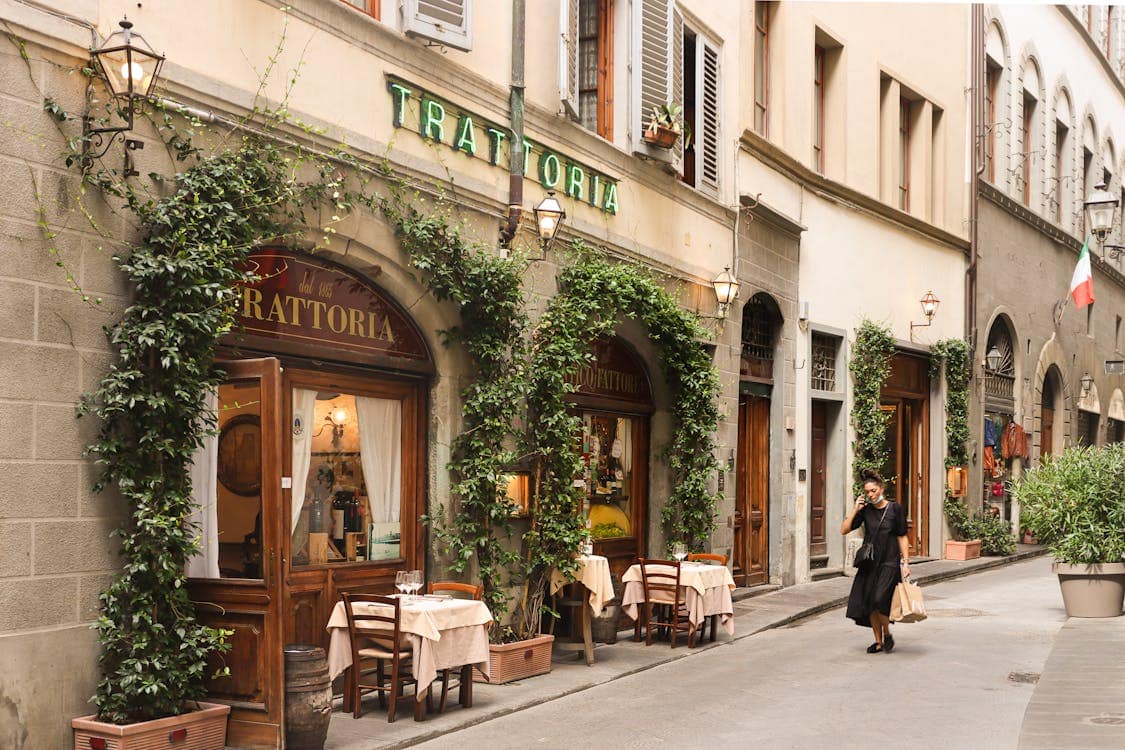 Trattoria facade on a Florence street, typical of the city's budget-friendly eating options