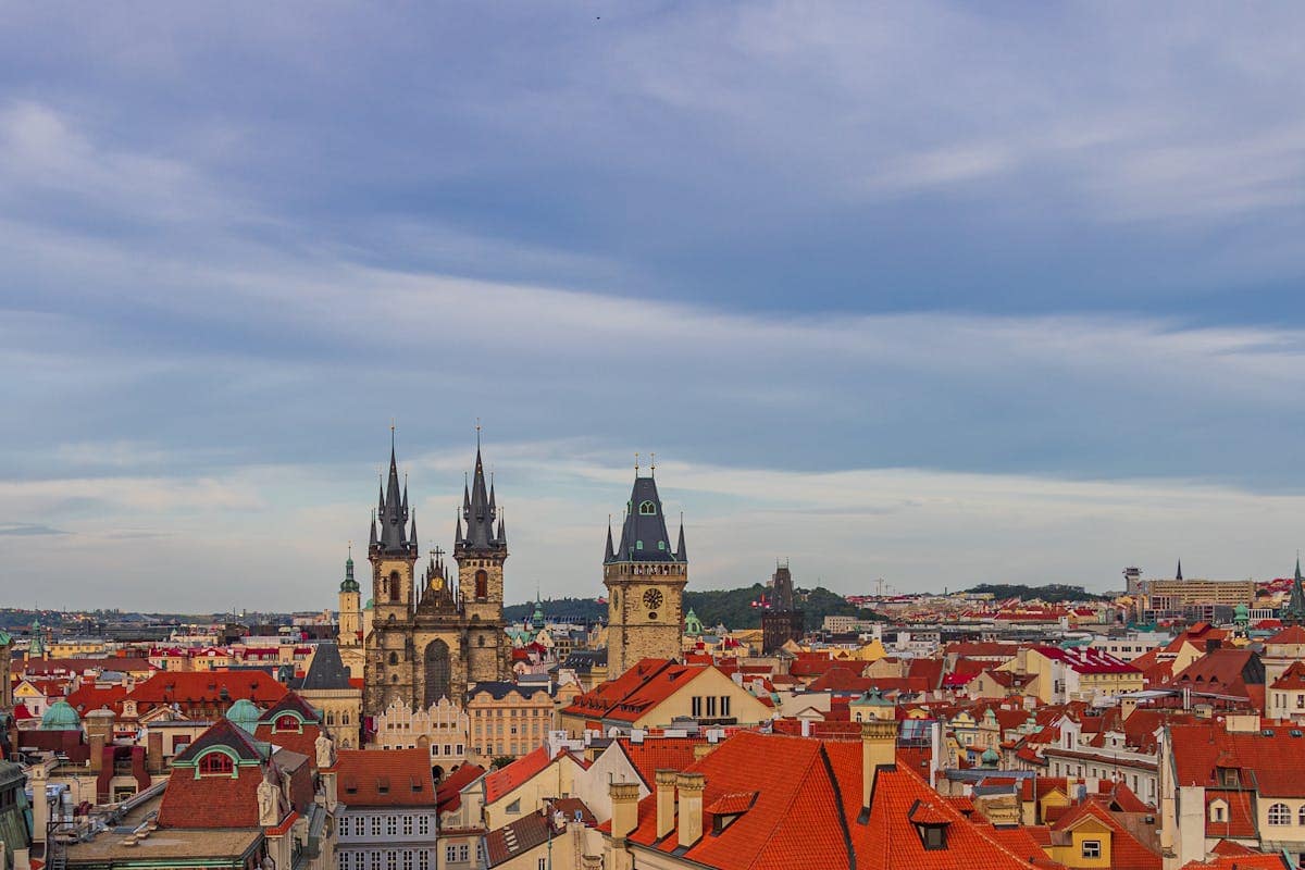 Aerial view of Prague Old Town Square with the Tyn Church and historic buildings