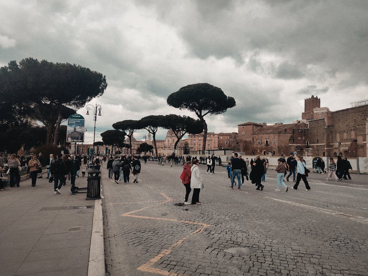 Bustling piazza in Rome with Baroque architecture and outdoor cafes
